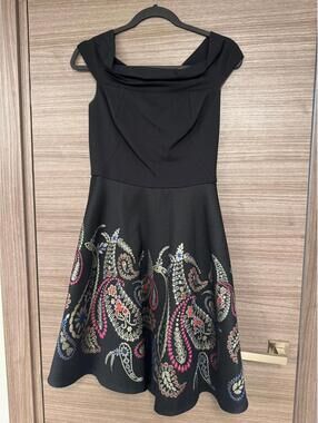 Ted Baker ADZE Bardot Metallic Skater Dress Black Paisley Size 2 Off Shoulder